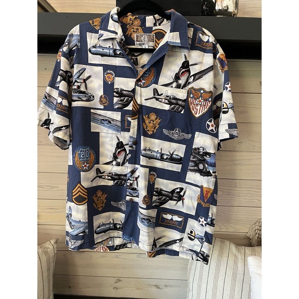 Vintage Kalaheo Hawaiian Military WW2 Bomber Plane Mens Shirt USA Hawaii Size Lg